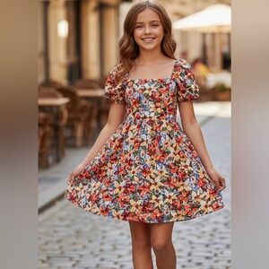 Girls Floral Puff Sleeve Fit & Flare Dress Square Neck Multicolor Dress Size 14Y